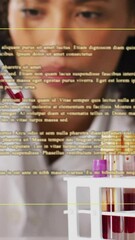 Poster - Analyzing blood samples, scientist with text animation over laboratory scene