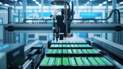 Poster - Automated Machine Assembling Green Battery Cells on Conveyor Belt in Blue and White Industrial Setting