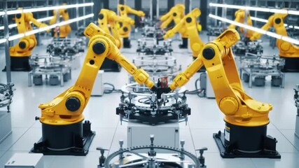 Poster - Automated Yellow Robotic Arms on White Factory Floor Working on Assembly Lines In Manufacturing Process