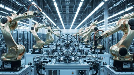 Poster - Symmetrical Array of Gold Mechanical Arms Over Industrial Assembly Line in Well Lit Factory