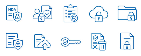 Fototapete - Data and Documents Icon Set in blue outline style for digital security  