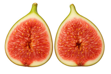 Fototapete - Ripe fig split open, revealing crimson flesh, abundant seeds, green stem on clear backdrop