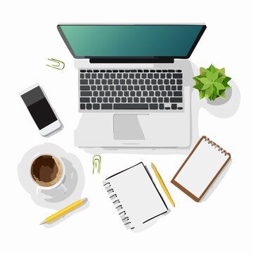 White desk arrangement showcases laptop, coffee, notes, and plant for a modern workspace design element or back to school project.