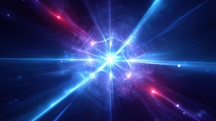 Poster - Futuristic quantum model. Dynamic explosion of light and energy in a cosmic background.