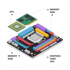 Fototapete - Detailed isometric illustration showcasing a computer motherboard, CPU, RAM memory, and graphics card, highlighting internal computer hardware components.