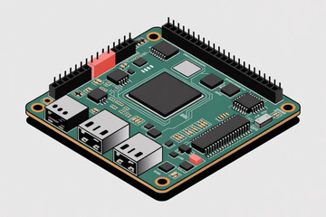 Fototapete - Isometric illustration presents a single-board computer, emphasizing its integrated circuit, ports, and detailed electronic components on a green circuit board.