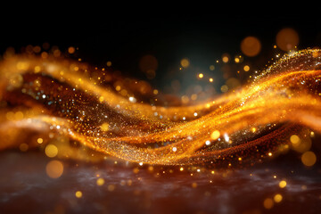 Wall Mural - abstract glowing golden particles flowing in dynamic wave patterns on a dark background with bokeh l