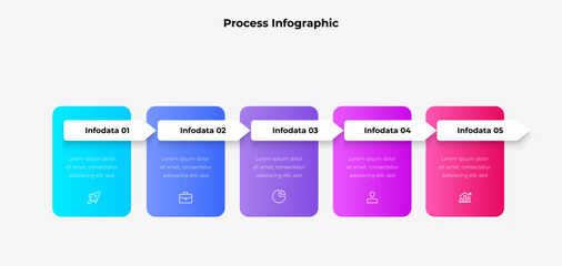 Fototapete - A vibrant infographic depicting a five step process with labeled sections and icons, useful for business and education presentations