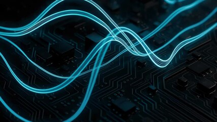 Poster - Abstract Technology Background with Blue Light Waves and Circuit Board Pattern for Digital Design