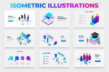 Poster - Collection of isometric business and education infographics showcasing teamwork, SWOT, agenda, analysis, learning, and strategy concepts in minimalistic designs.