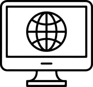 Computer monitor displaying a simple line art globe icon representing the internet