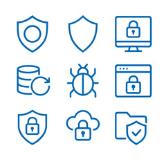 Fototapete - Icon set featuring security symbols in blue line style  