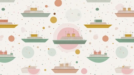 Poster - Colorful nautical vessels navigating pastel dotted background, forming playful maritime pattern perfect for textile and stationery design