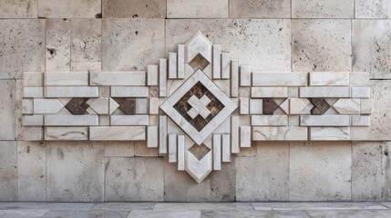 Poster - Intricate marble inlay highlighting geometric pattern across travertine wall, revealing precision stonework with sophisticated architectural detailing