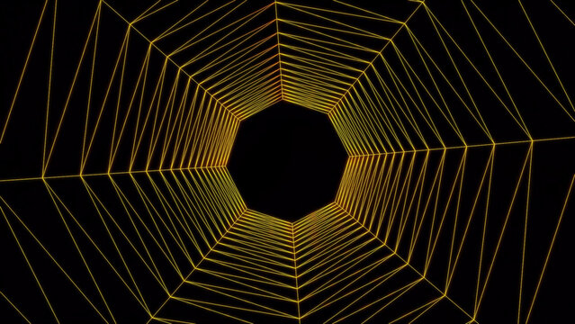 Abstract Retro Wireframe Tunnel with Yellow Outlines and a Black Background, Creating a Geometric Perspective