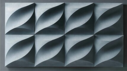 Poster - Acoustic wall panels forming geometric square arrangement, curved wave like surfaces improving sound absorption within contemporary minimalist interior design setting