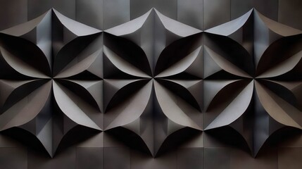 Fototapete - Dark gray paper folded creating geometric pattern, casting intricate shadows and light, representing minimalist design with textile like texture and contemporary visual appeal