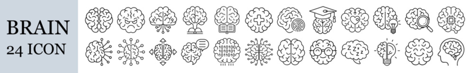 Poster - Set of 24 Abstract Brain Line Icons, Collection of 24 minimal brain-themed line icons with creative abstract designs for technology, science, and medical use.