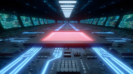 Poster - Futuristic Data Center with Circuit Board Pathway and Illuminated Screens
