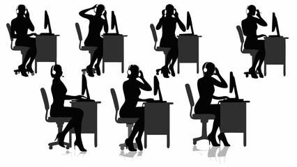 Poster - Silhouetted women working at desks with computers and headsets in an office environment setting scene