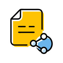 Poster - A yellow document icon with lines and a connected network symbol, sharing information.