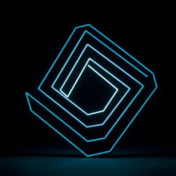 Glowing Cyan Geometric Spiral on Black Background, Modern Abstract Art