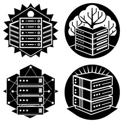 Poster - Four server rack icons in black and white with different backgrounds and design elements displayed
