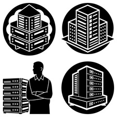 Fototapete - Illustration depicting server stacks, buildings, and a person in black and white on a white background