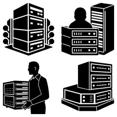 Fototapete - Illustrations of server racks and a person carrying a server in black and white silhouette style