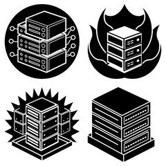 Poster - Four server stacks in black and white with different graphic elements surrounding each stack design icon