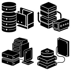 Fototapete - Illustration of data storage and server configurations in black and white isometric style icon set