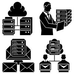 Poster - Illustrations showing cloud computing, server management, and email communication networks depicted in black