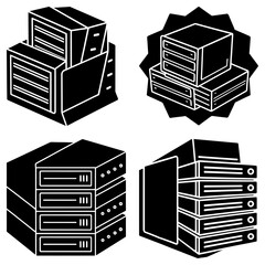Fototapete - Four server icons showing different arrangements of data storage and processing units in black and white