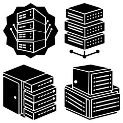 Poster - Illustration of several server racks and data storage units in a black and white graphic style design