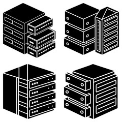 Fototapete - Isometric illustration of four server racks with various configurations and design elements shown in black