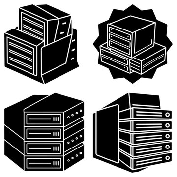 Four server icons showing different arrangements of data storage and processing units in black and white