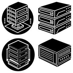 Fototapete - Illustration showing four isometric server icons with different configurations and designs in black and white