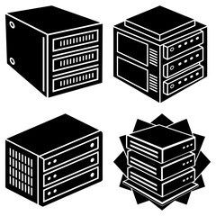 Fototapete - Isometric illustrations of server racks and data storage units in a black and white vector graphic design