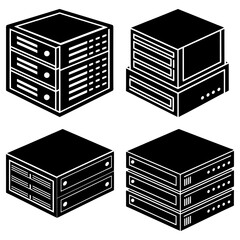Poster - Isometric depiction of four server rack units in black and white showcasing data storage and processing power