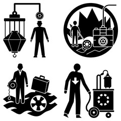 Poster - Illustration showing various figures with equipment and luggage in a black and white design style