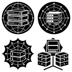 Poster - Four server icons showing data storage with network connections in a black and white vector illustration