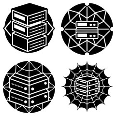 Fototapete - Four server icons in black circles with network and spiderweb designs surrounding the servers in each icon