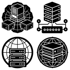 Fototapete - Four black and white server icons depicting network and data connections in various configurations