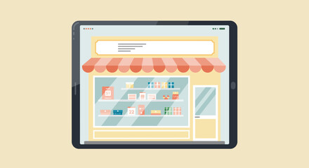 Digital Retail Illustration of an Online Storefront on a Tablet for Ecommerce Concepts