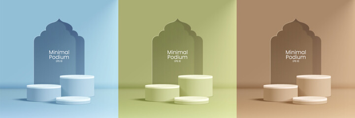 Wall Mural - Abstract minimal scene. Minimal podium with soft material base. Soft podium stages and product showcase platform with covers and golden in round and square shape. 