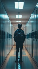 Leinwandbilder - Young student standing in a school hallway with lockers on both sides, wearing a backpack and looking down the corridor, representing back to school and education
