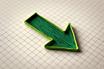 Poster - A green arrow pointing downwards on a grid patterned surface in close up view