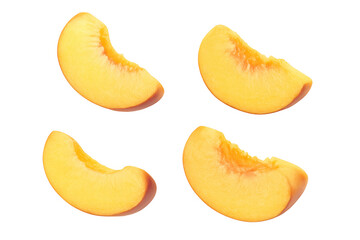 Poster - Four fresh, juicy peach slices falling against a transparent background, perfect for food and beverage projects