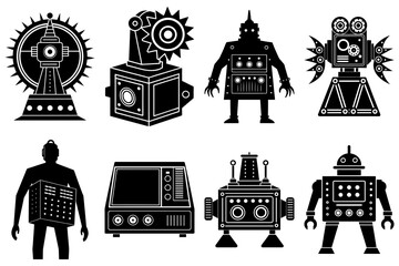 Poster - Collection of eight stylized black and white robots with various designs and shapes in silhouette style