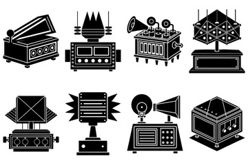 Poster - Illustration of eight different vintage style machines in black and white color scheme design vector art